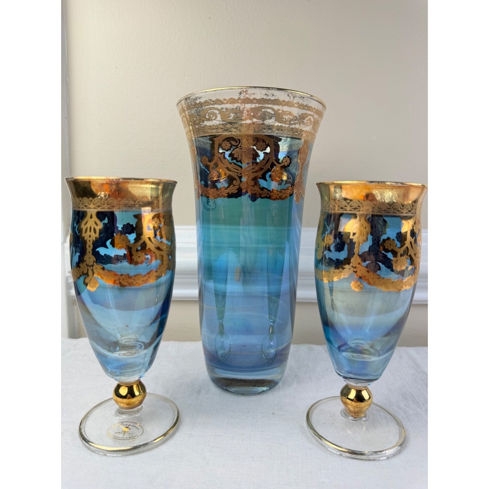 I Preziosi Italy Iridescent Blue Glass Pitcher & 2 Glasses 24K Gold Filigree Set
